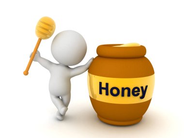 Bal kaşığı tutan ve bal kavanozuna yaslanan 3 boyutlu karakter. 3B görüntüleme beyaz üzerine izole edildi.