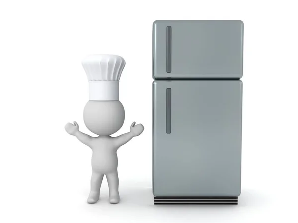 Chef Junto Refrigerador Representación Aislada Blanco — Foto de Stock
