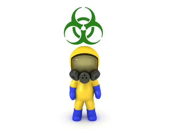 Carattere Con Tuta Hazmat Logo Biohazard Sopra Rendering Isolato Bianco — Foto Stock