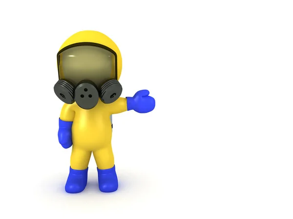 Character Draagt Een Hazmat Pak Wijst Naar Rechts Rendering Geïsoleerd — Stockfoto