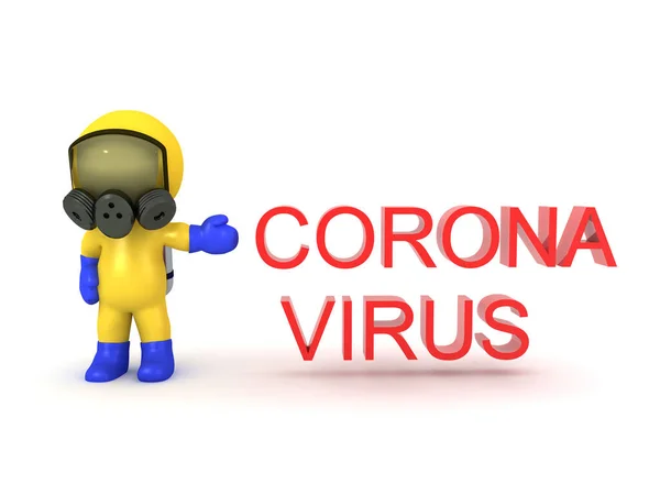 Figur Mit Schutzanzug Und Coronavirus Text Rendering Isoliert Auf Weiß — Stockfoto