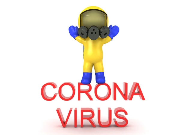 Character Bär Hazmat Kostym Stående Toppen Corona Virus Text Rendering — Stockfoto