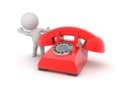 Retro telefonun arkasından el sallayan 3 boyutlu karakter. 3B görüntüleme beyaz üzerine izole edildi.