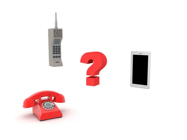 Rendering Tre Telefoner Och Ett Frågetecken Rendering Isolerad Vitt — Stockfoto
