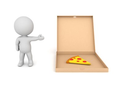 3 boyutlu karakter pizza kutusunu gösteriyor. 3B görüntüleme beyaz üzerine izole edildi.