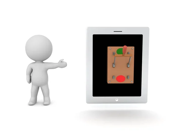 Personagem Mostrando Tablet Com Switch Sobre Ele Rendering Isolado Branco — Fotografia de Stock