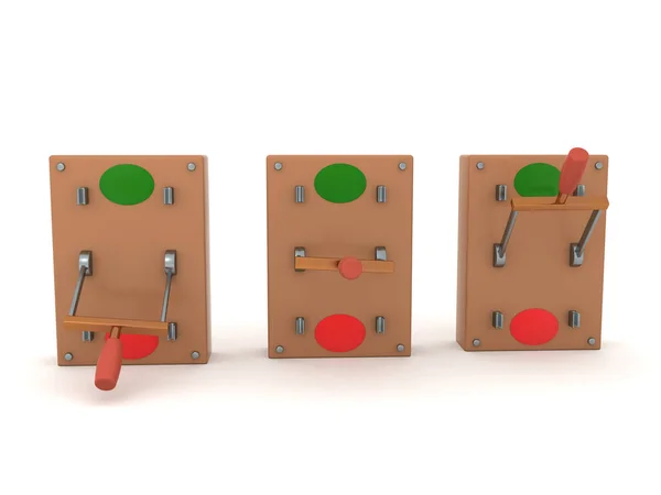 Representación Tres Tipos Diferentes Interruptores Encendido Apagado Representación Aislada Blanco — Foto de Stock