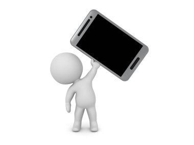 3D Karakter, jenerik akıllı telefon üretiyor. 3B görüntüleme beyaz üzerine izole edildi.