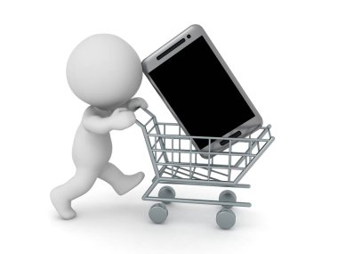 3D Karakter, jenerik akıllı telefon üretiyor. 3B görüntüleme beyaz üzerine izole edildi.
