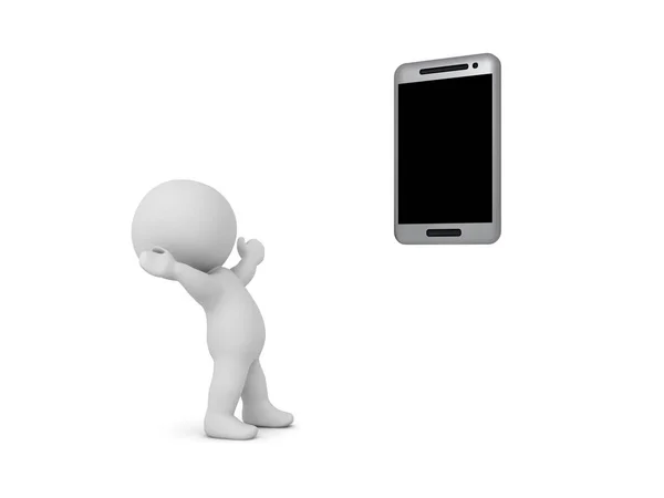 Personagem Olhando Animado Para Smartphone Genérico Rendering Isolado Branco — Fotografia de Stock