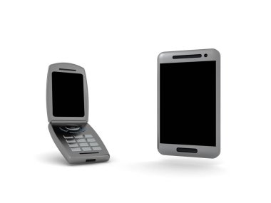 Kapaklı telefon ve akıllı telefonun 3 boyutlu görüntüsü. 3B görüntüleme beyaz üzerine izole edildi.