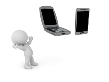 3D Karakter farklı telefonlara bakıyor. 3B görüntüleme beyaz üzerine izole edildi.