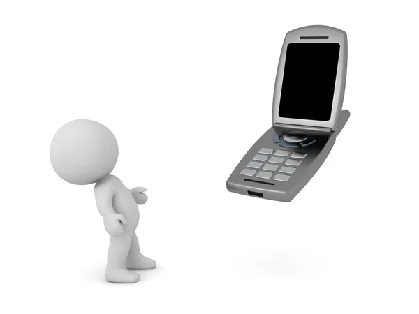 Tecken Tittar Upp Flip Phone Rendering Isolerad Vitt — Stockfoto