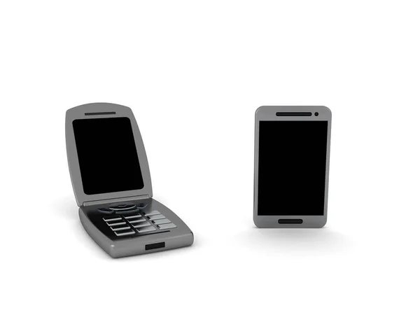 3Dフリップ電話やスマートフォンのレンダリング 白で隔離された3Dレンダリング — ストック写真