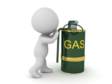 3D karakter gaz bombası basıyor. 3B görüntüleme beyaz üzerine izole edildi.