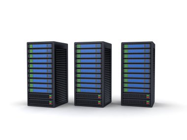 Üç sunucunun 3 boyutlu canlandırması. 3B görüntüleme beyaz üzerine izole edildi.