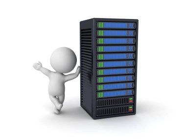 Sunucu rafına dayanan 3 boyutlu karakter. 3B görüntüleme beyaz üzerine izole edildi.