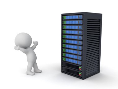 3 boyutlu karakter sunucu rafında heyecanlı görünüyor. 3B görüntüleme beyaz üzerine izole edildi.