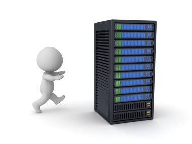 Sunucu rafına doğru koşan 3D karakter. 3B görüntüleme beyaz üzerine izole edildi.