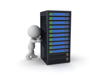 3 boyutlu karakter sunucu rafını itiyor. 3B görüntüleme beyaz üzerine izole edildi.