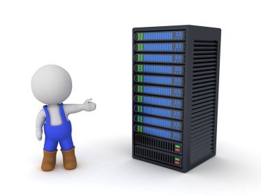 Sunucu rafının yanındaki 3D İşçi. 3B görüntüleme beyaz üzerine izole edildi.