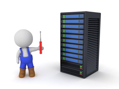 Sunucu rafının yanında tornavidası olan 3D işçi. 3B görüntüleme beyaz üzerine izole edildi.