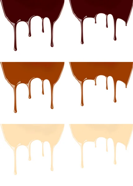 Beyaz arka plan üzerinde sızıntı erimiş koyu veya sütlü çikolata şurubu kümesi — Stok Vektör