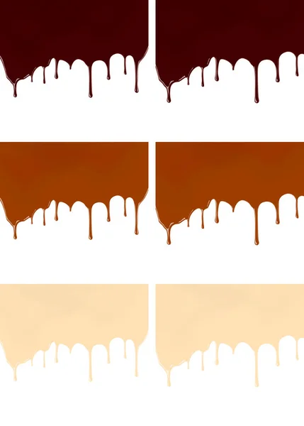 Conjunto de jarabe de chocolate derretido oscuro o leche que gotea sobre fondo blanco — Vector de stock