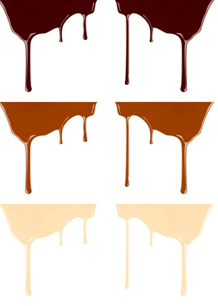 Set meleleh gelap atau susu coklat sirup bocor pada latar belakang putih - Stok Vektor