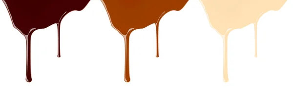 Conjunto de jarabe de chocolate derretido oscuro o leche que gotea sobre fondo blanco — Vector de stock