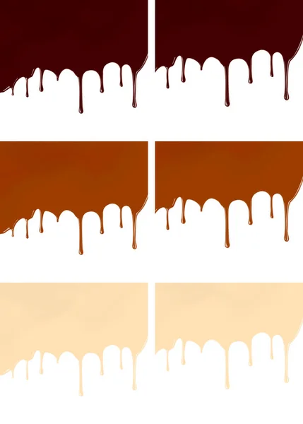 Set van gesmolten donkere of melkchocolade siroop lekken op witte achtergrond — Stockvector