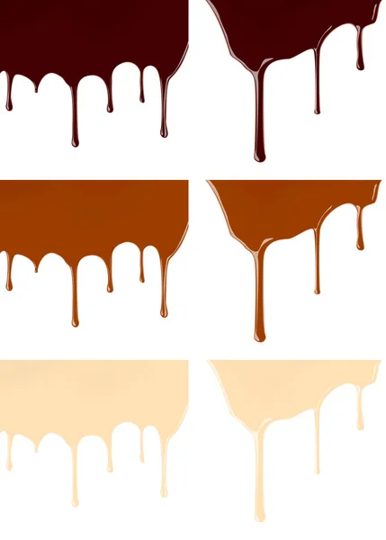 Conjunto de xarope de chocolate escuro ou de leite derretido vazando no fundo branco —  Vetores de Stock