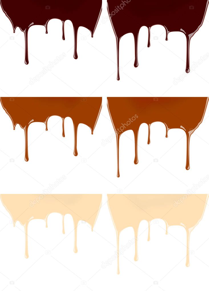 Set of melted dark or milk chocolate syrup leaking on white background