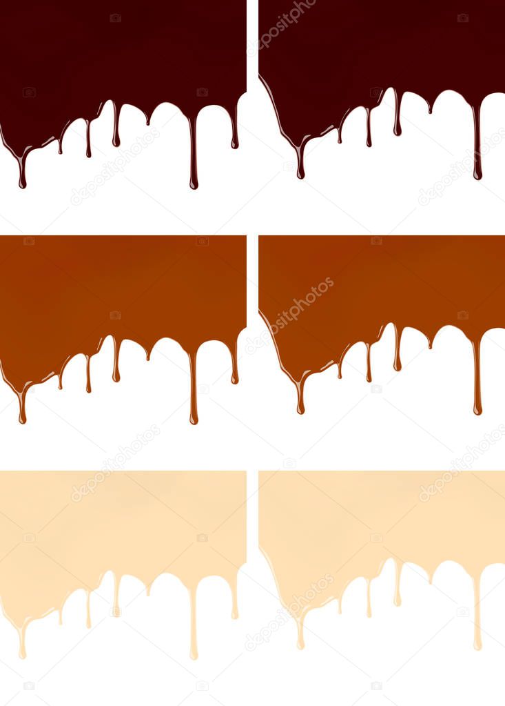 Set of melted dark or milk chocolate syrup leaking on white background