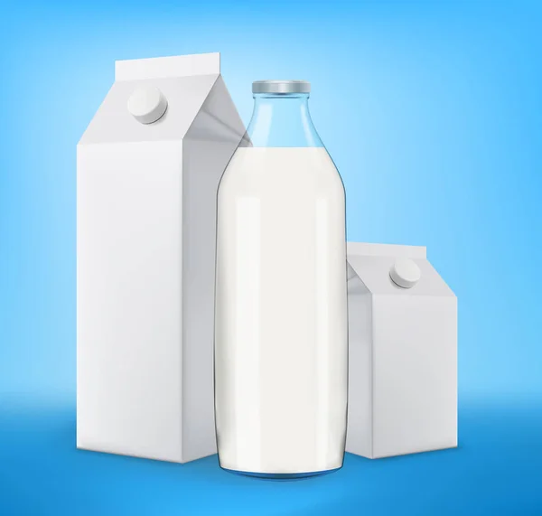 Botella de leche con dos cartones de leche — Vector de stock