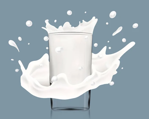 Ilustración vectorial realista de salpicaduras de leche con vaso de leche — Archivo Imágenes Vectoriales