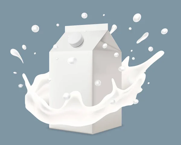 Realistische vectorillustratie van melk splash met kartonnen verpakking — Stockvector