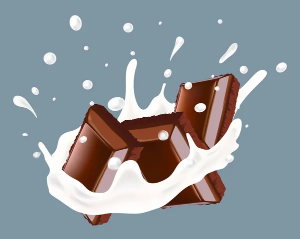 Realistische vectorillustratie van melk splash met gehakte chocolade — Stockvector