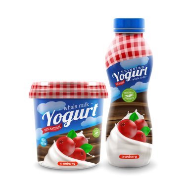 Yabanmersini şişeli organik yoğurt ve kavanoz tasarımı, ticari vektör reklam modeli..