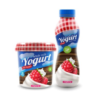Ahududulu organik yoğurt şişesi ve kavanoz tasarımı, ticari vektör reklam modeli..