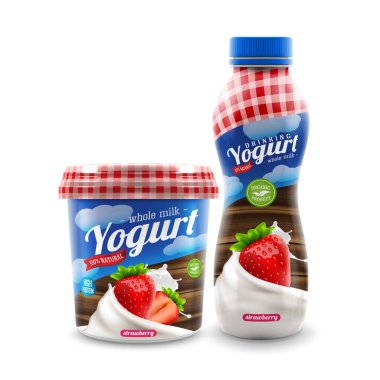 Çilek şişeli organik yoğurt ve kavanoz tasarımı, ticari vektör reklam modeli..