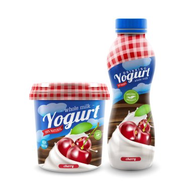 Kiraz çileği şişeli organik yoğurt ve kavanoz tasarımı, ticari vektör reklam modeli..
