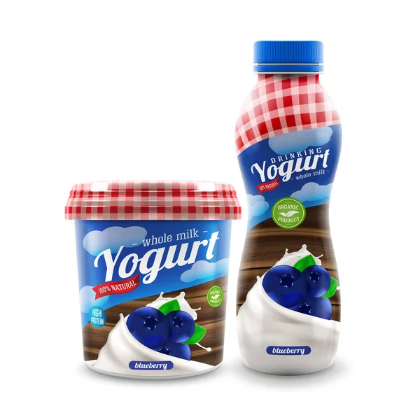 Yogur orgánico con diseño de frasco y frasco de bayas de arándanos, maqueta de publicidad vectorial comercial . — Vector de stock