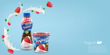Ahududu, şişe ve kavanoz tasarımlı organik yoğurt, ticari vektör reklam modeli. İçecek ürün ambalajı gerçekçi illüstrasyon