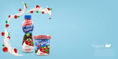 Kızılcık, şişe ve kavanoz desenli organik yoğurt, ticari vektör reklam modeli. İçecek ürün ambalajı gerçekçi illüstrasyon