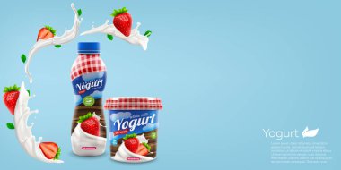 Çilek şişeli organik yoğurt ve kavanoz tasarımı, ticari vektör reklam modeli. İçecek ürün ambalajı gerçekçi illüstrasyon