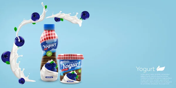 Yogur orgánico con diseño de arándanos, botellas y frascos, maqueta de publicidad vectorial comercial. Embalaje del producto de bebidas ilustración realista — Vector de stock