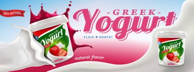 Sütlü doğal çilek aromalı Yunan yoğurdu reklamları. Ticari girdaplı ticari illüstrasyon.