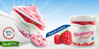 Ahudududulu Yunan yoğurt paketleme kavanozu reklamları doğal tat, tat ve küçük dilimlenmiş ahududu parçaları süt veya krem dalgasıyla ticari illüstrasyon