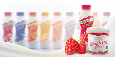 Yunan yoğurt kavanozuyla ahududu içen yoğurt şişesi ve pek çok şişe ve süt dalgasının parlak arka planında, markalaşmaya ve ticari kullanıma hazır, el ilanı gerçekçi.